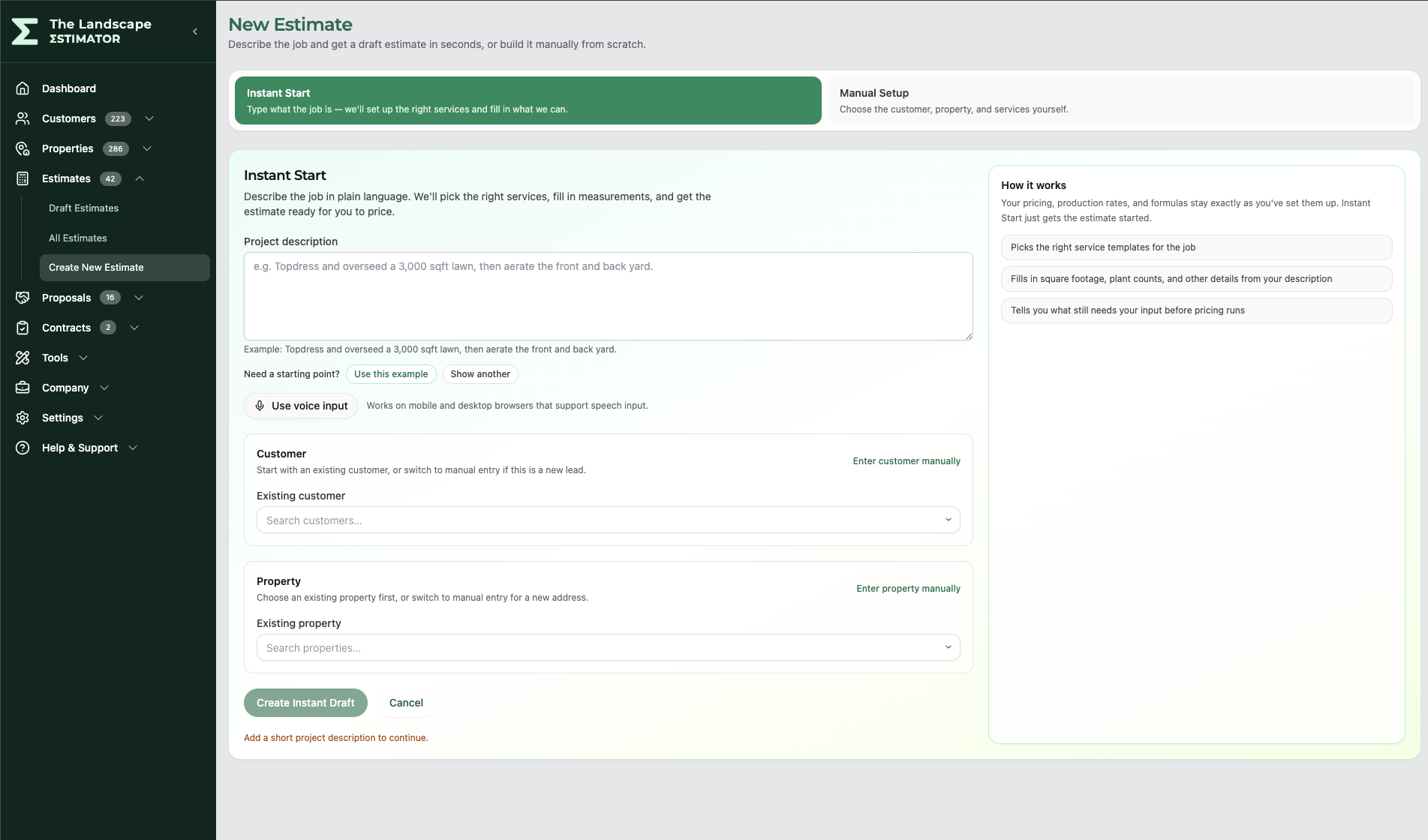 Instant Start estimate drafting workflow in The Landscape Estimator