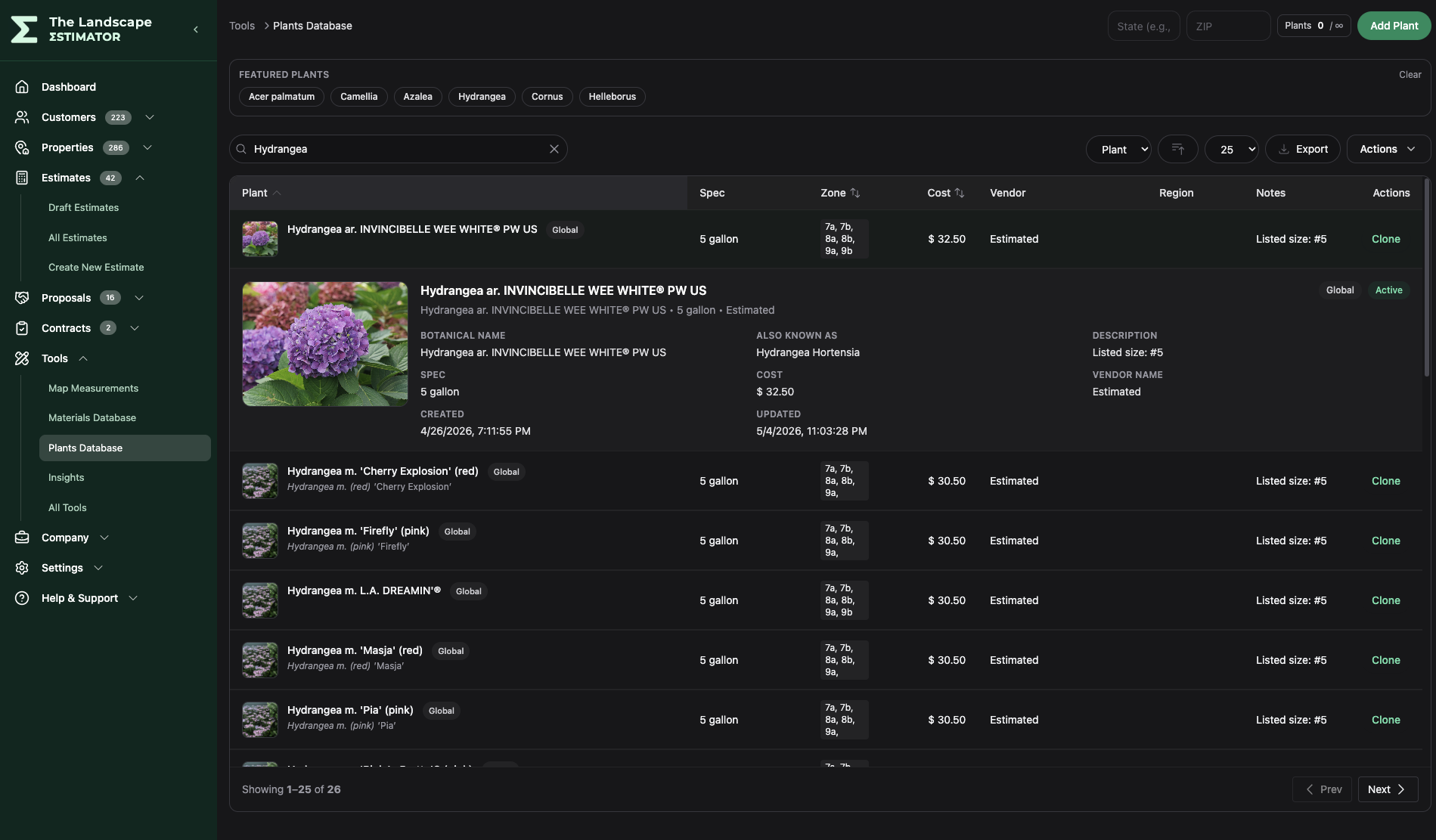 Plants database view in The Landscape Estimator
