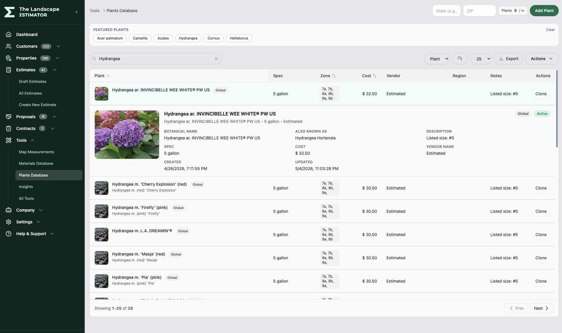 Plants database view in The Landscape Estimator