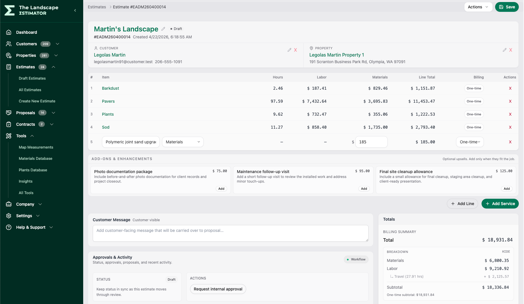 Estimate builder in The Landscape Estimator