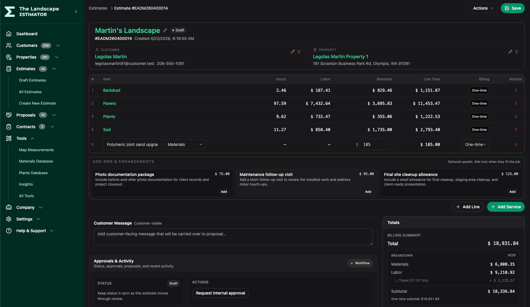 Estimate builder in The Landscape Estimator