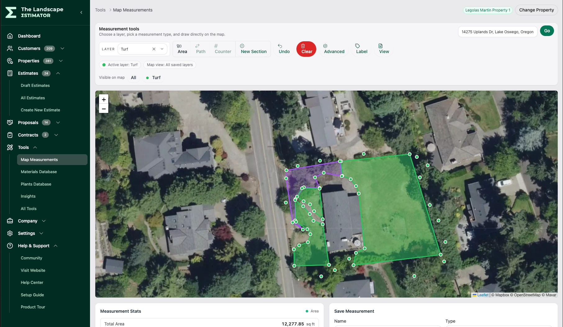 Property measurement view in The Landscape Estimator